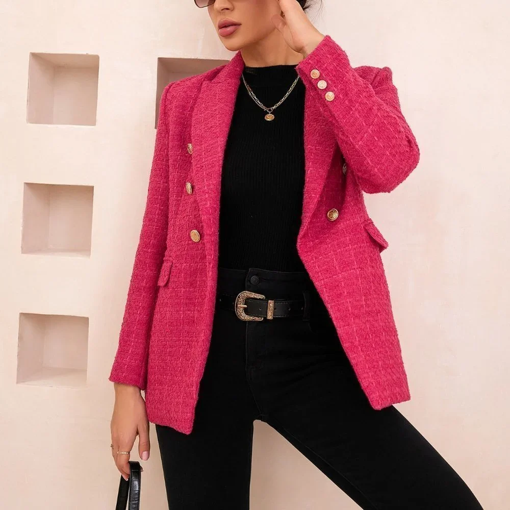 Pink Preppy Womens Lapel Collar Double Breasted Blazer Workwear - Picture 4 of 5